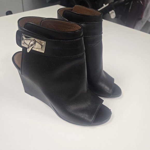 Givenchy Black Leather Shark-Lock Peep-Toe Wedge Booties - Picture 2 of 4